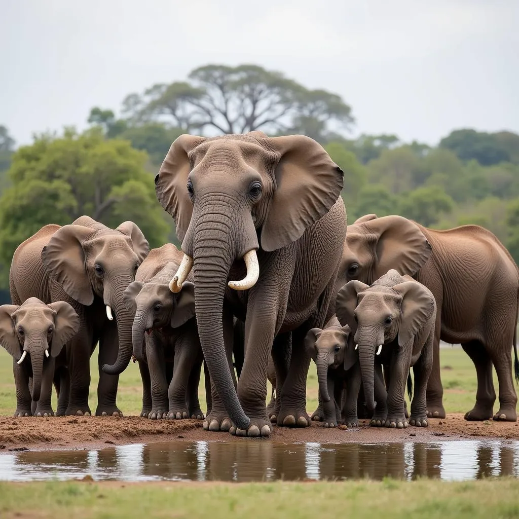 African elephant family gathering at a watering hole