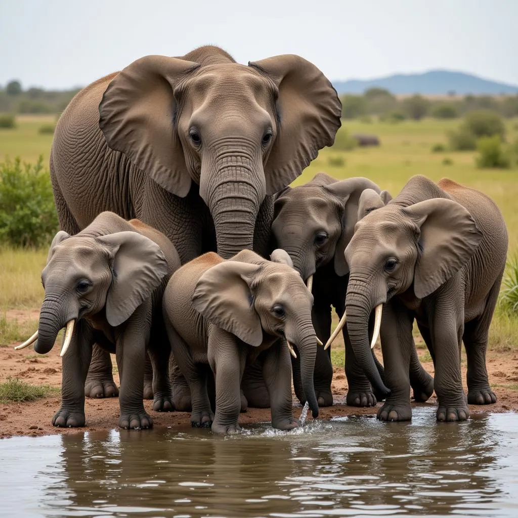 African elephant family gathering around a waterhole