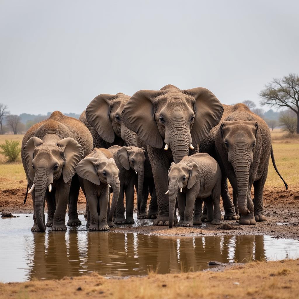 African Elephant Family Gathering at a Waterhole