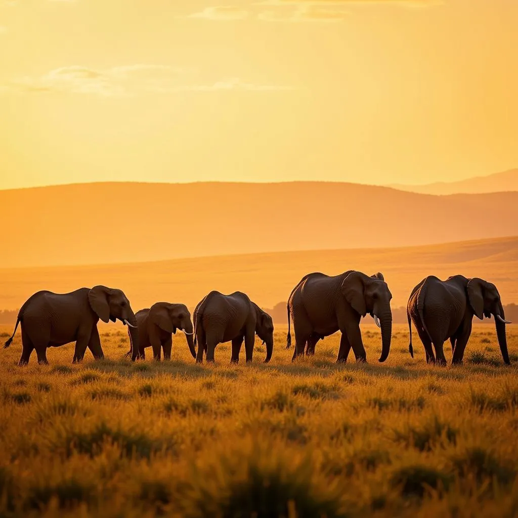 African elephant family grazing in the savanna