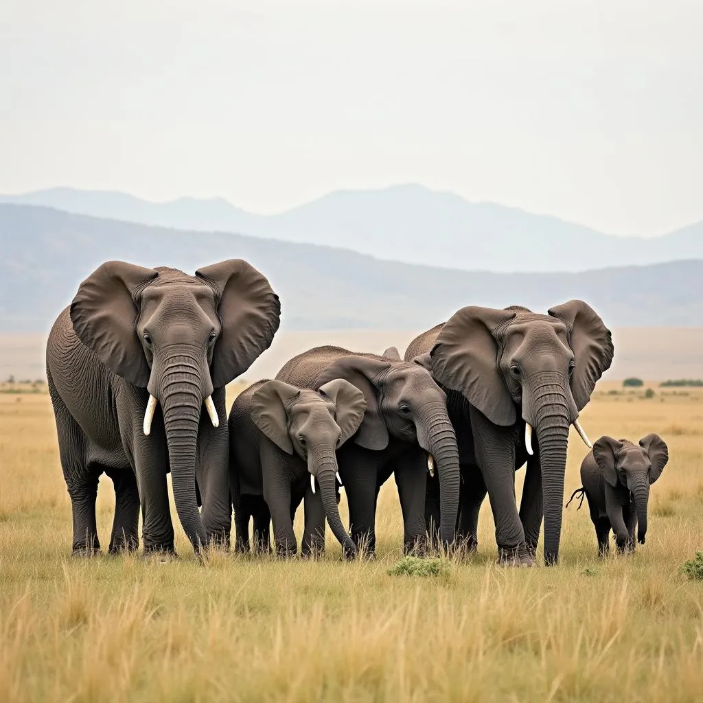 African elephant family grazing in the savanna