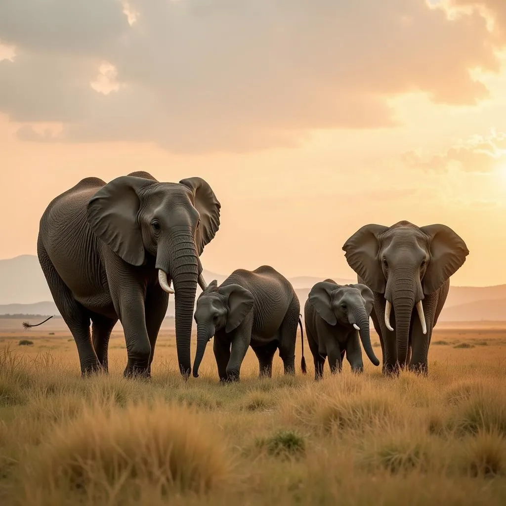 African Elephant Family Grazing Savannah