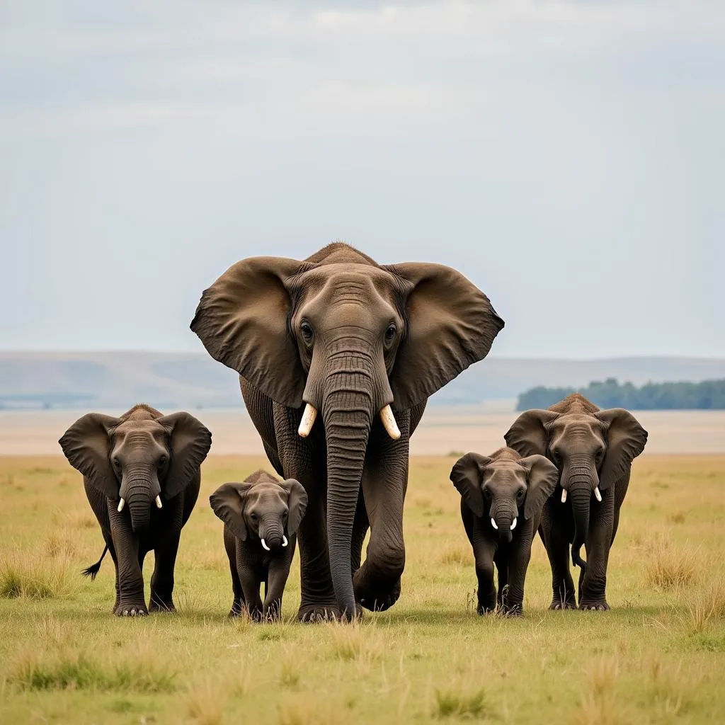 African elephant family in grassland