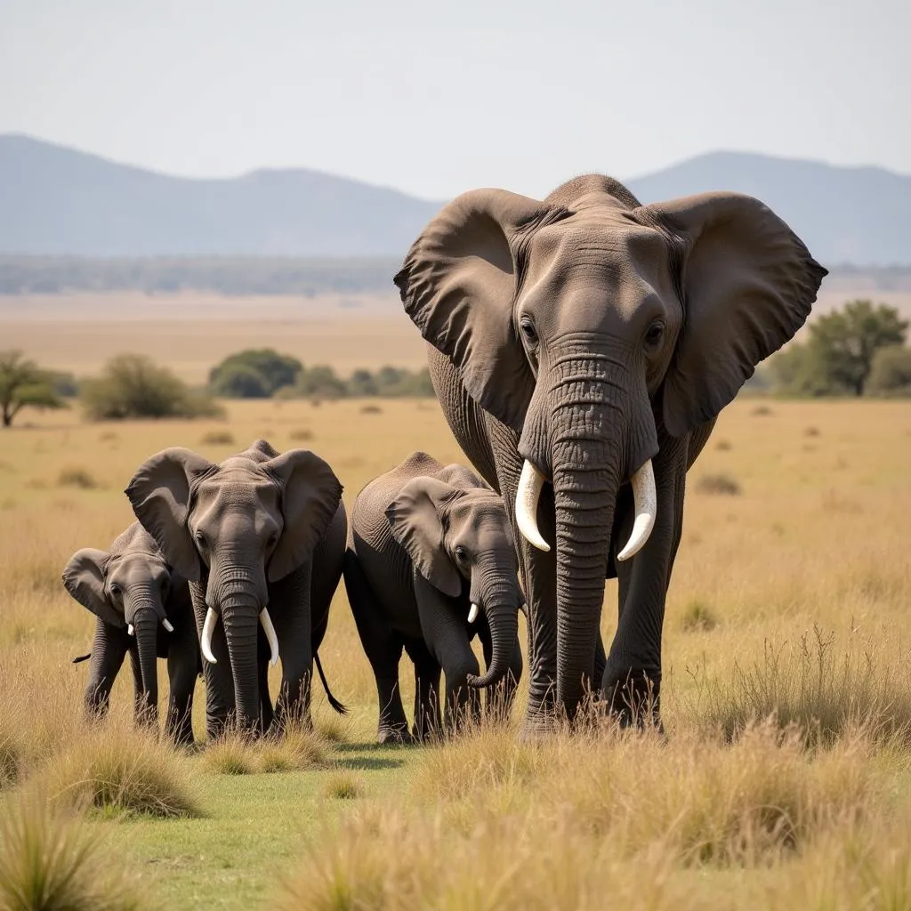 African Elephant Family in Savanna