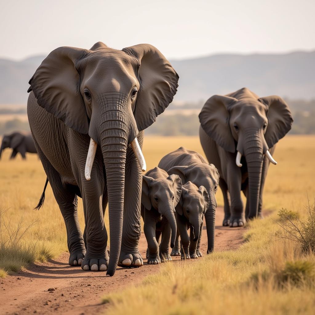 African Elephant Family in Savanna