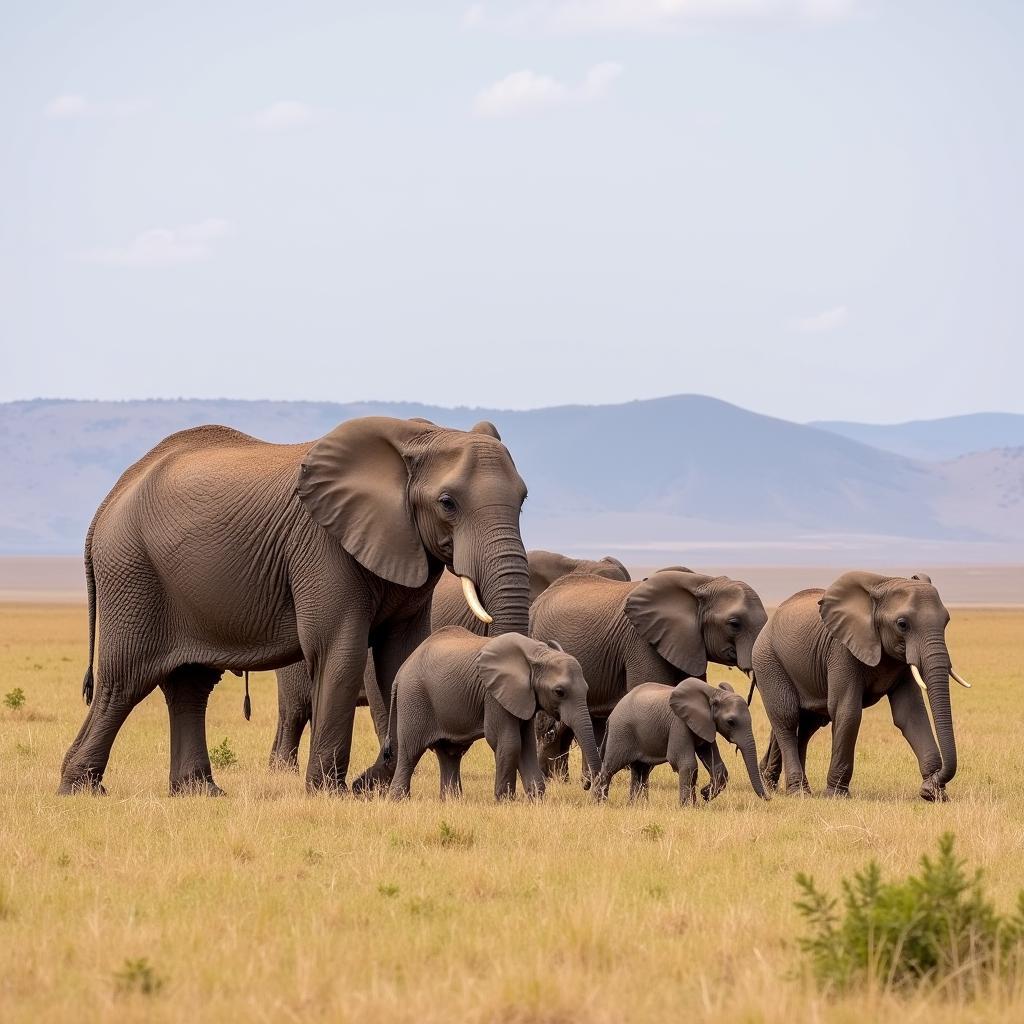 African Elephant Family in the Savanna