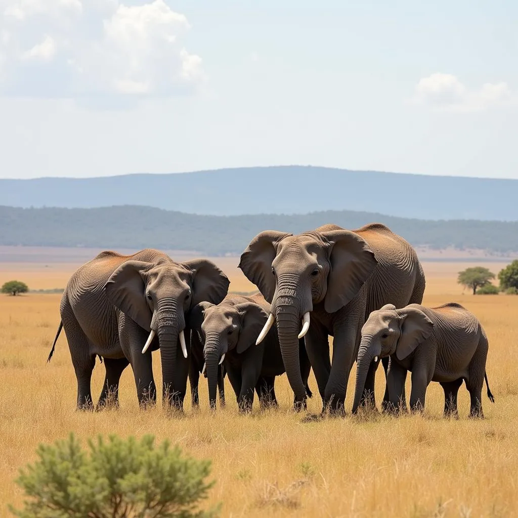 African Elephant Family in Savannah