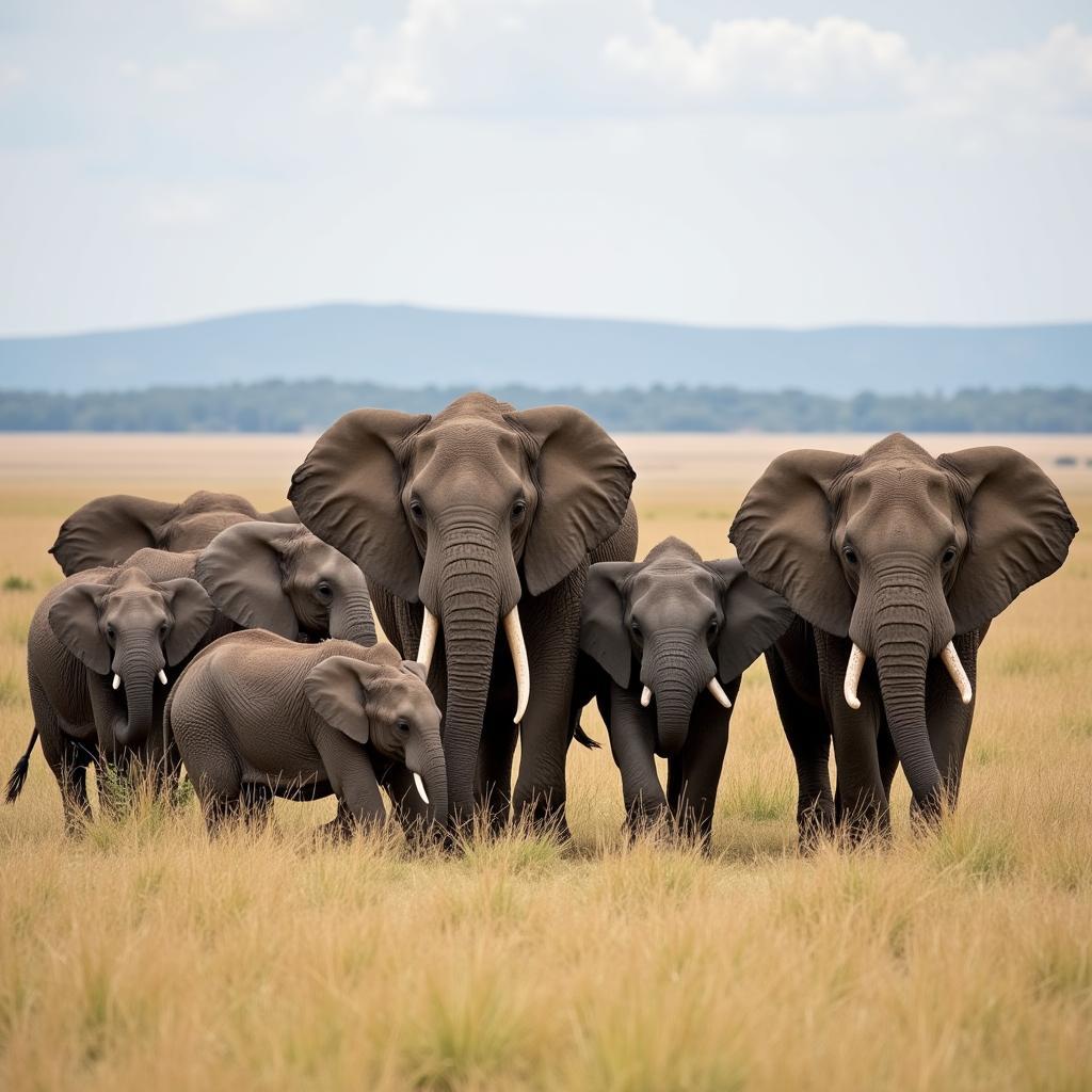 African Elephant Family in the Savannah