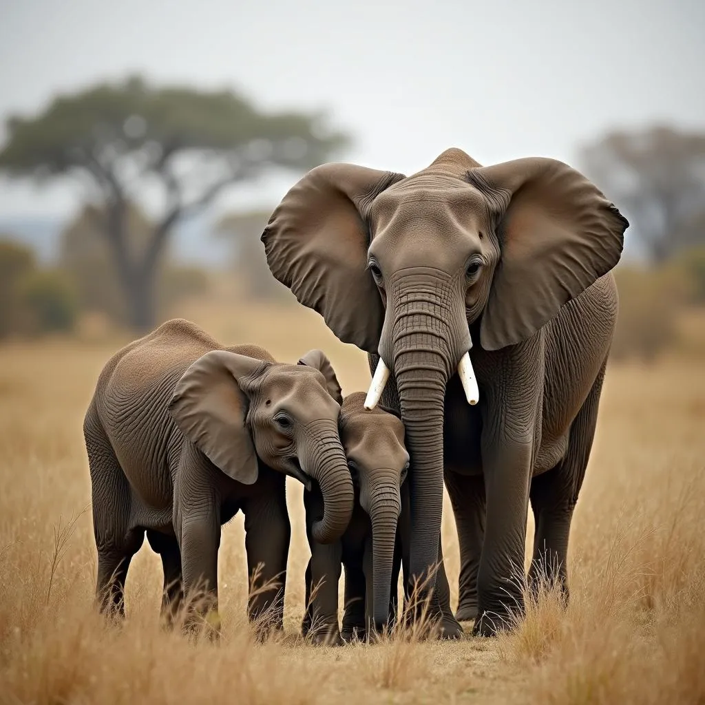 African Elephant Family in Their Habitat