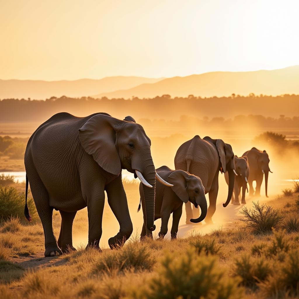 African Elephant Family on the Move