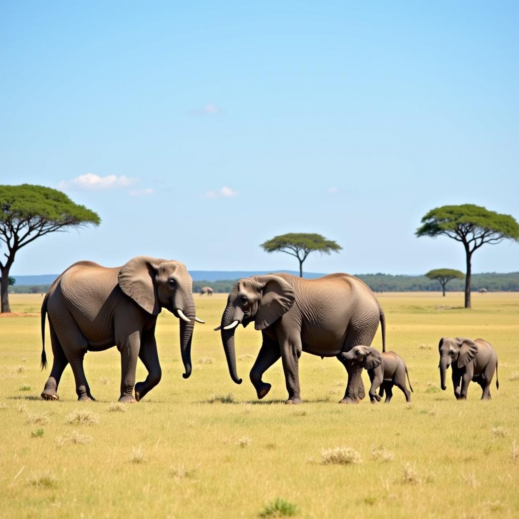 African Elephant Family in Savanna