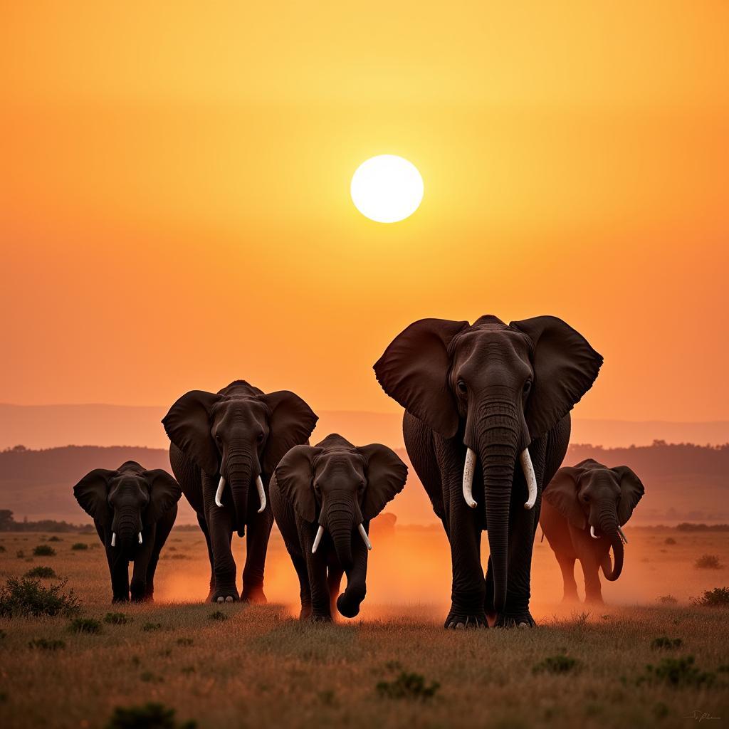 African Elephant Family on Savanna