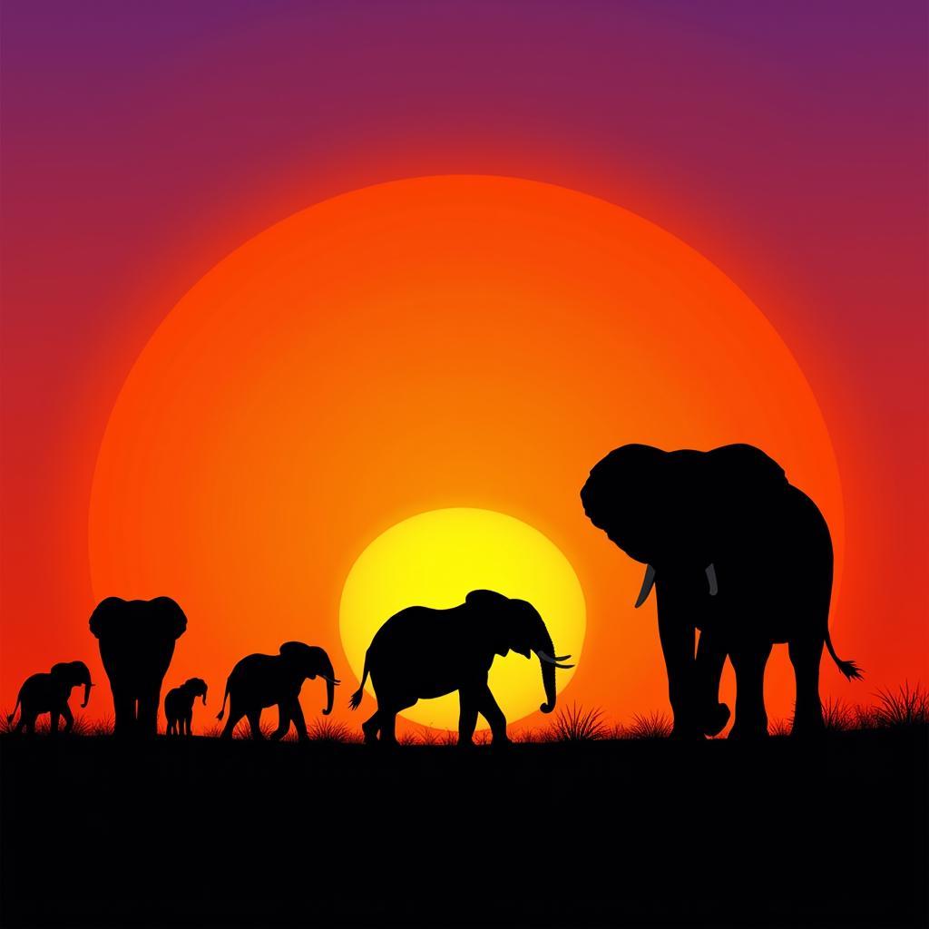 African Elephant Family at Sunset on the Savanna