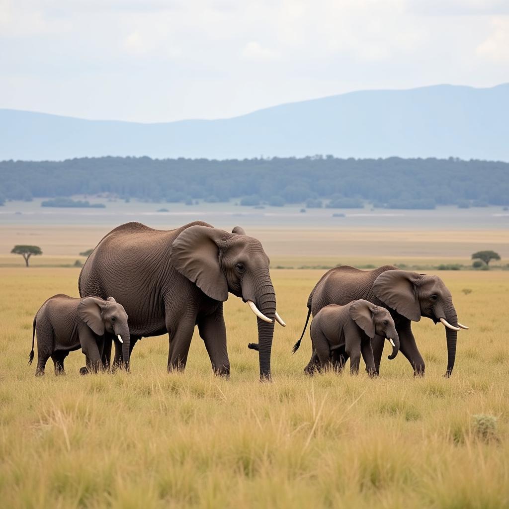 African Elephant Family on the Savannah