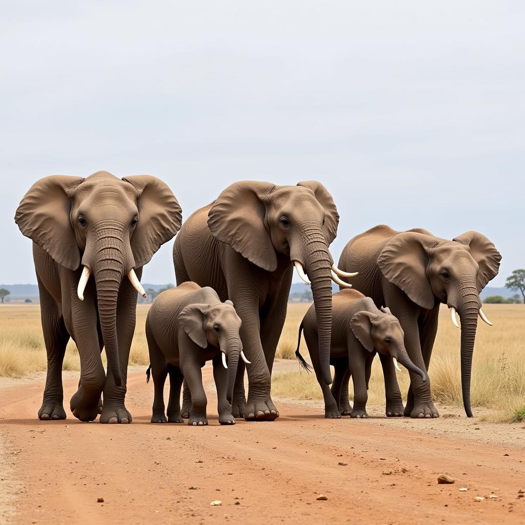 African Elephant Family in Savannah