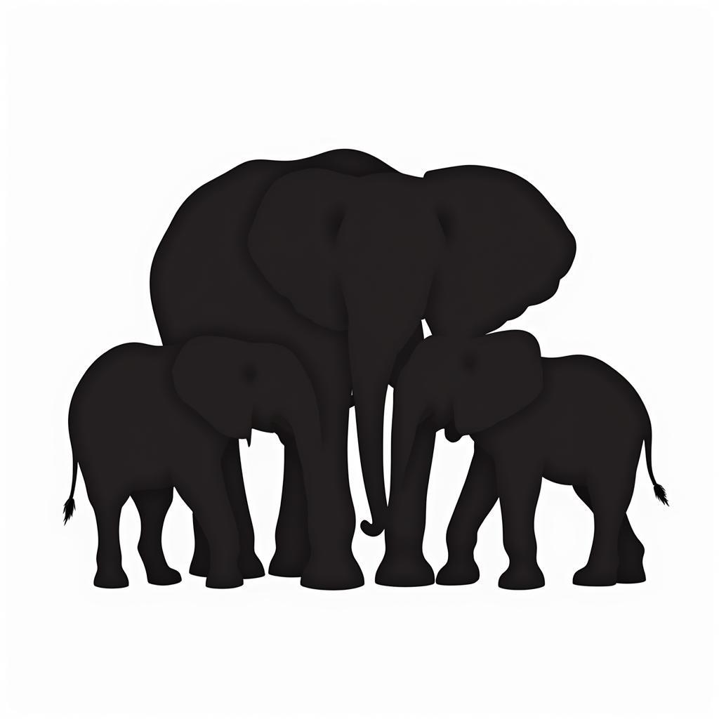 African Elephant Family Silhouette on White Background