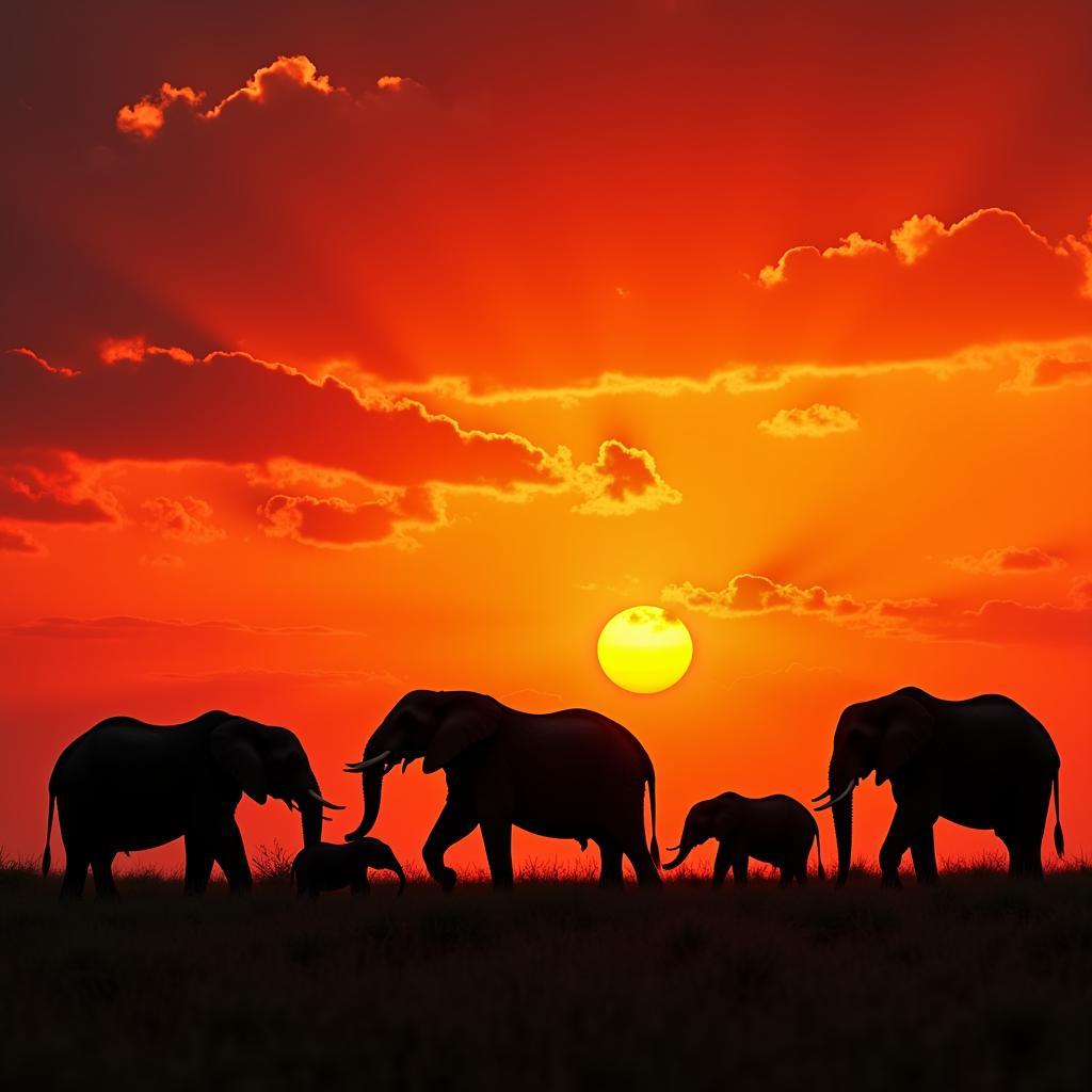 African Elephant Family at Sunset