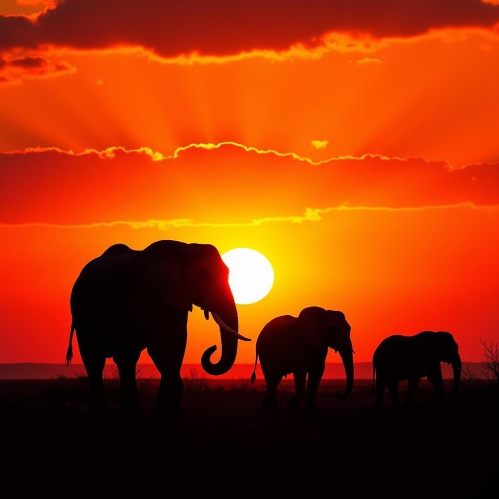 African Elephant Family at Sunset