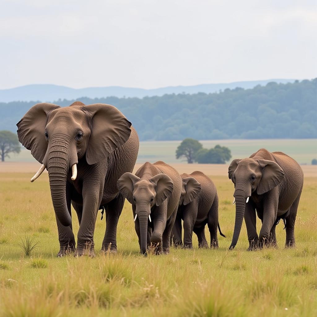 African Elephant Family in the Ugandan Savannah