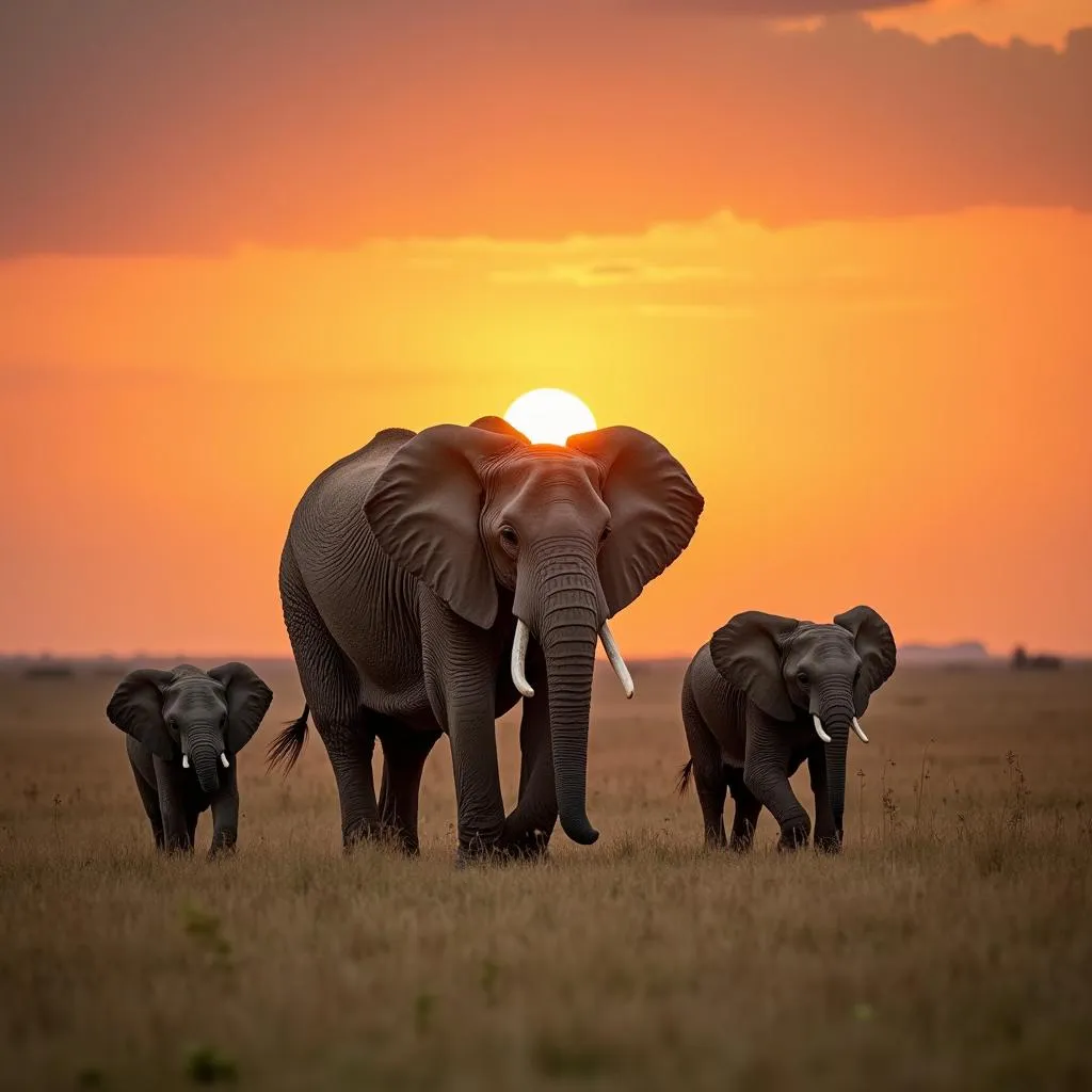 African Elephant Family Walking at Sunset