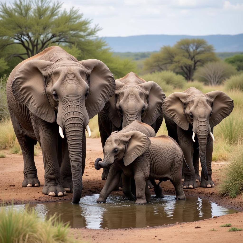 African Elephant Family at a Waterhole