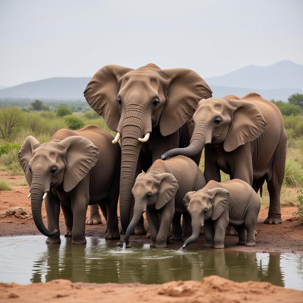 African elephant family at a watering hole