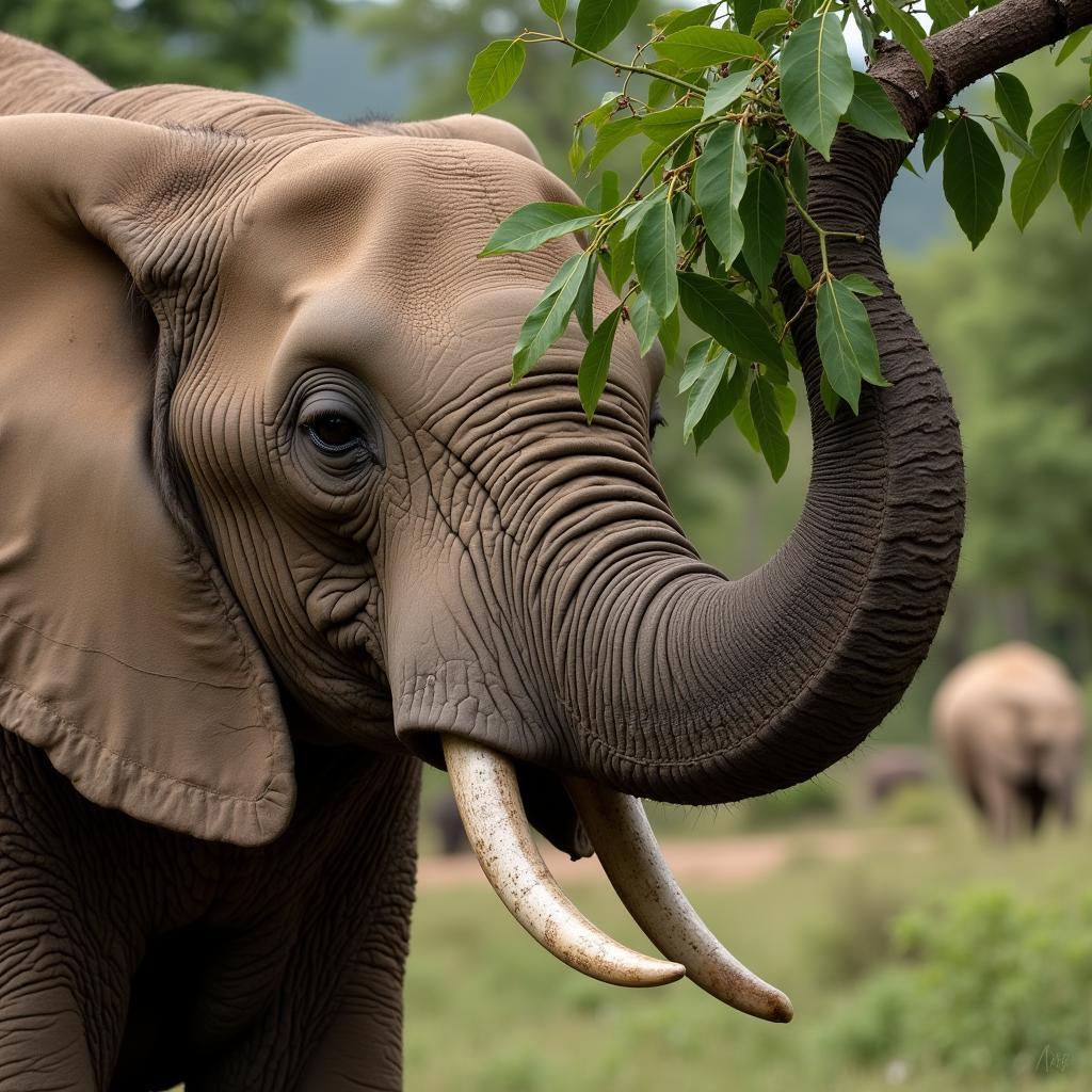 African elephant feeding on acacia tree