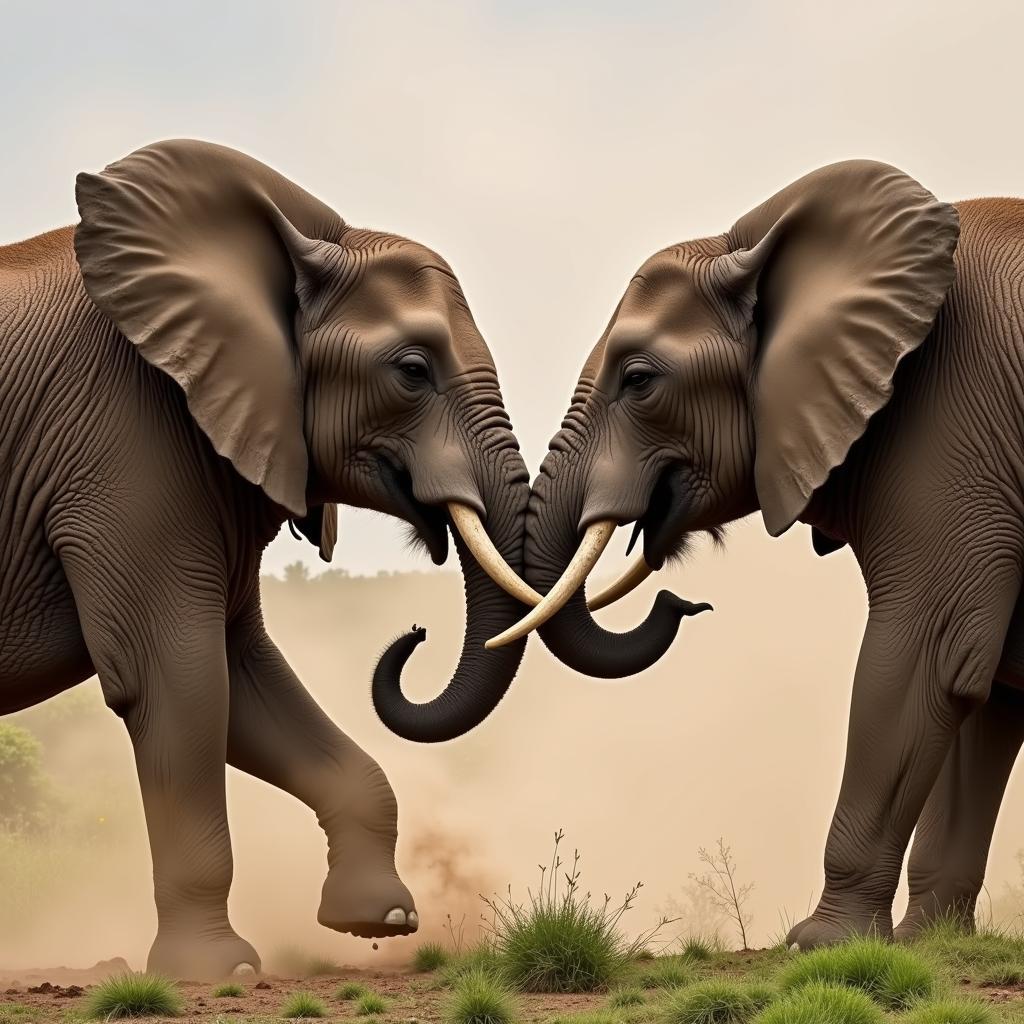 Two bull elephants clashing tusks in a show of dominance