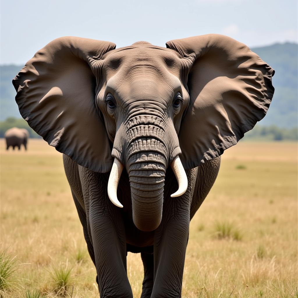 African Elephant Flapping Ears in Savanna