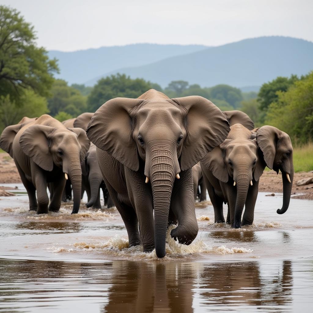 African Elephant Group Crossing River