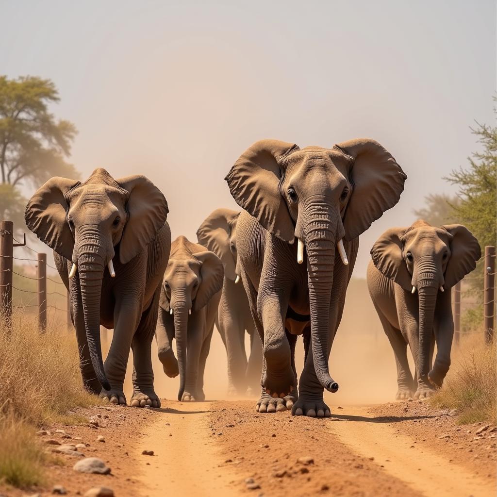 An African elephant family navigating a fragmented landscape