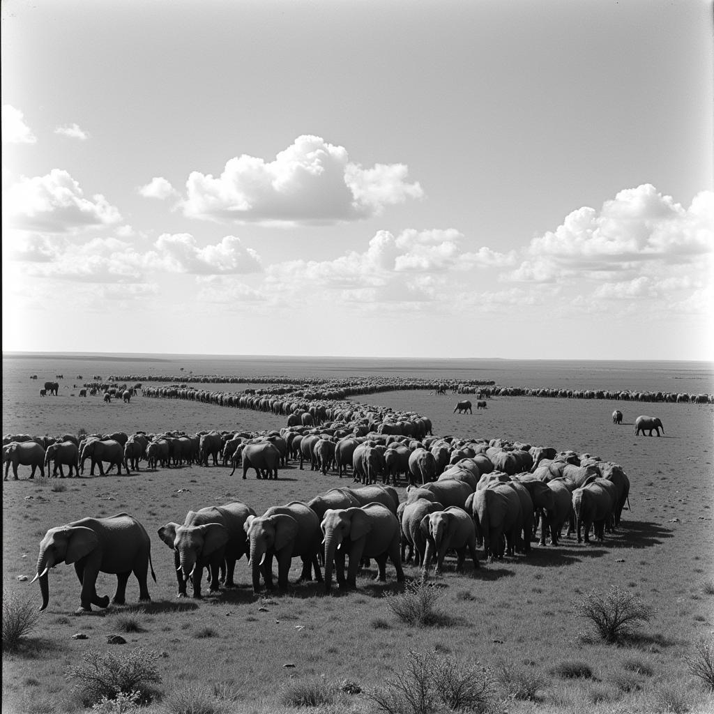 Vast African Elephant Herd Roaming the Savannah in the 1950s