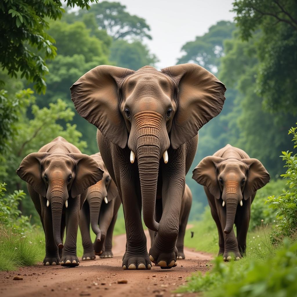 Herd of elephants in African jungle