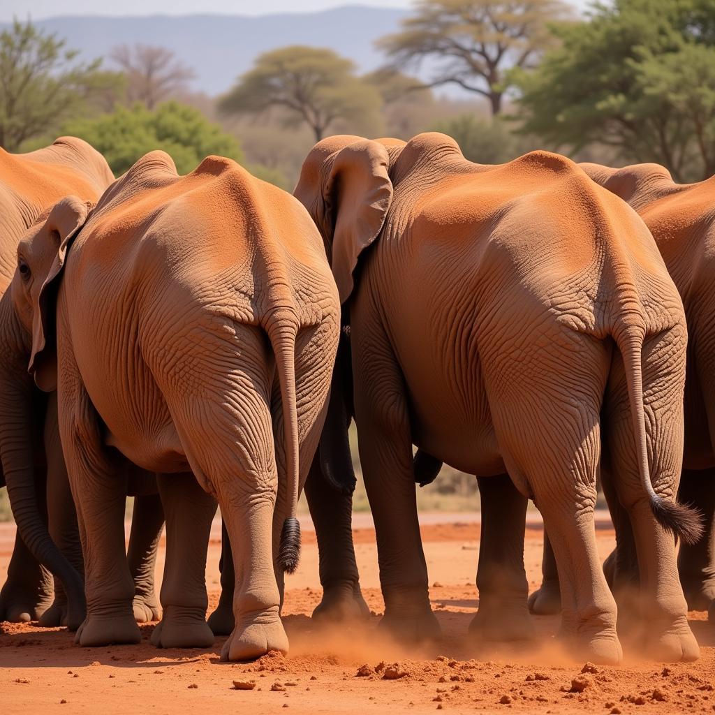 African Elephant Herd Dust Bathing