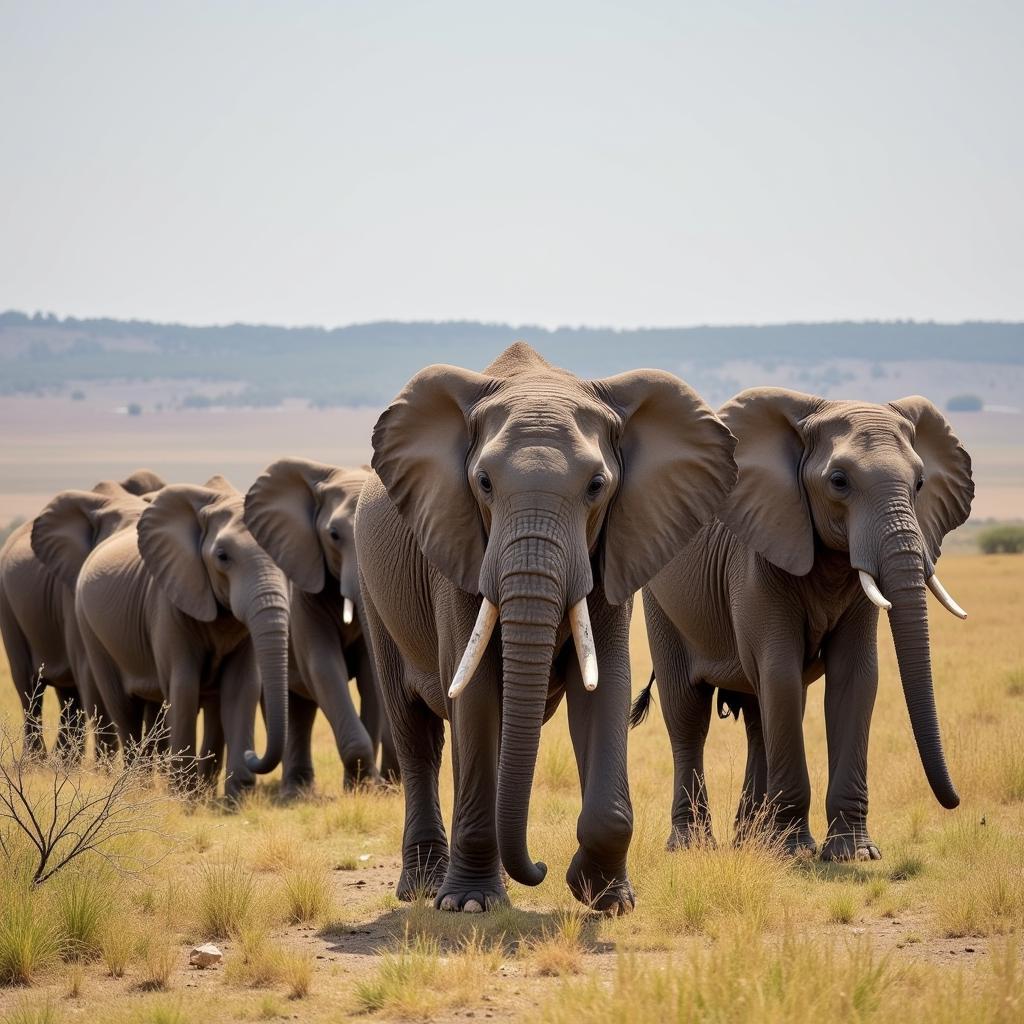 African Elephant Herd in Savanna