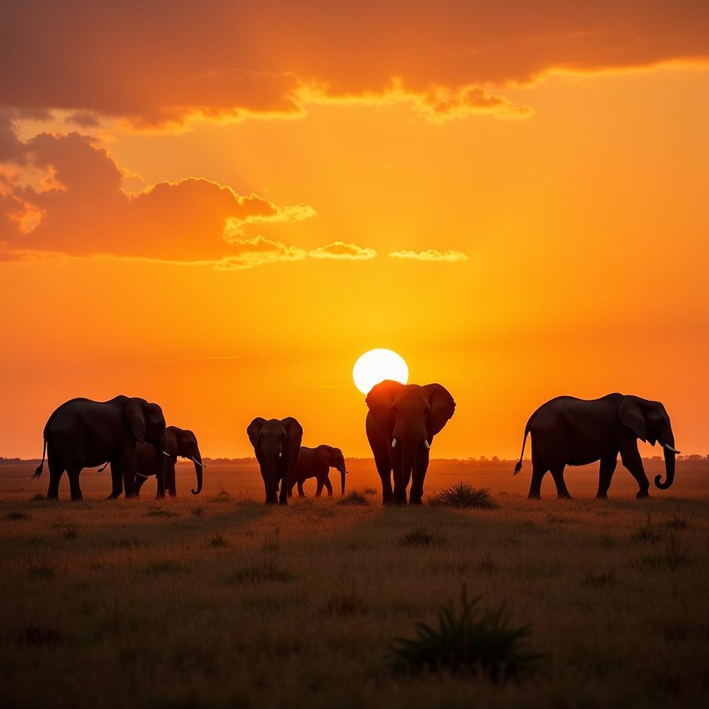 African Elephant Herd Savannah Sunset