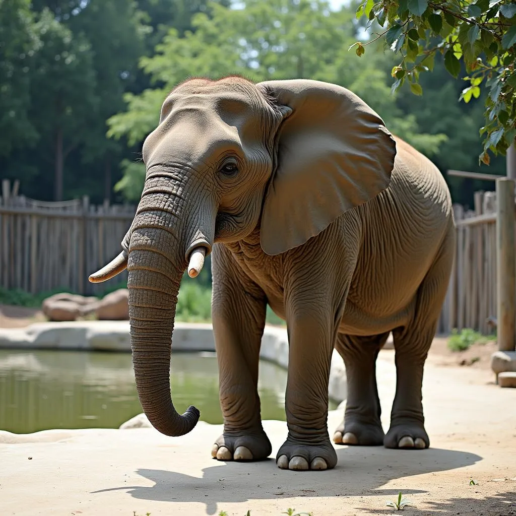 An African elephant standing in a zoo enclosure.