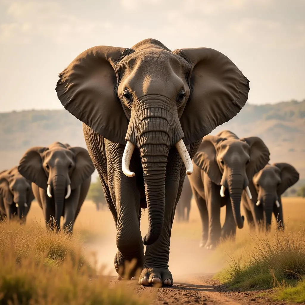 African elephant matriarch leading her herd across the savannah