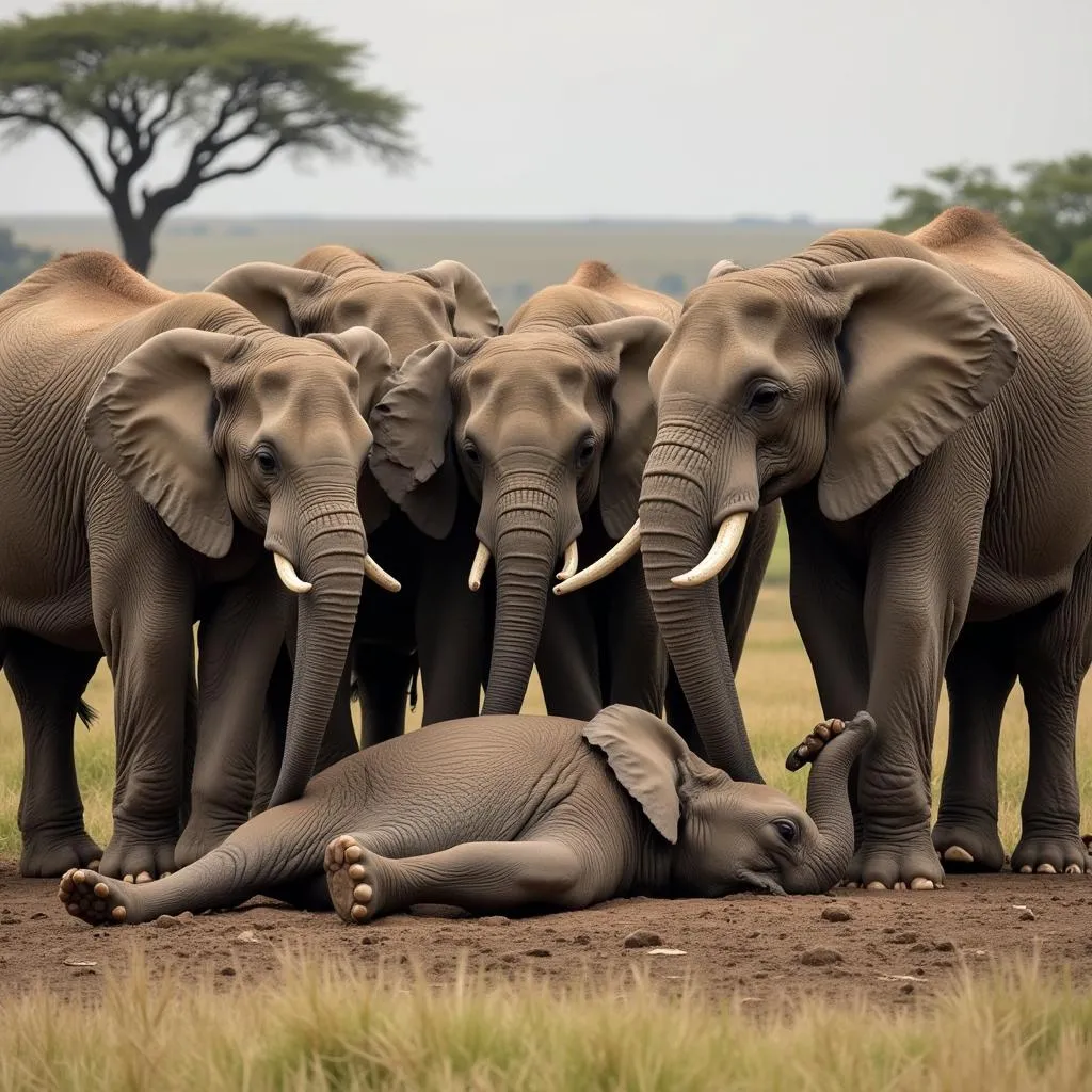 African elephant mourning ritual around a deceased herd member