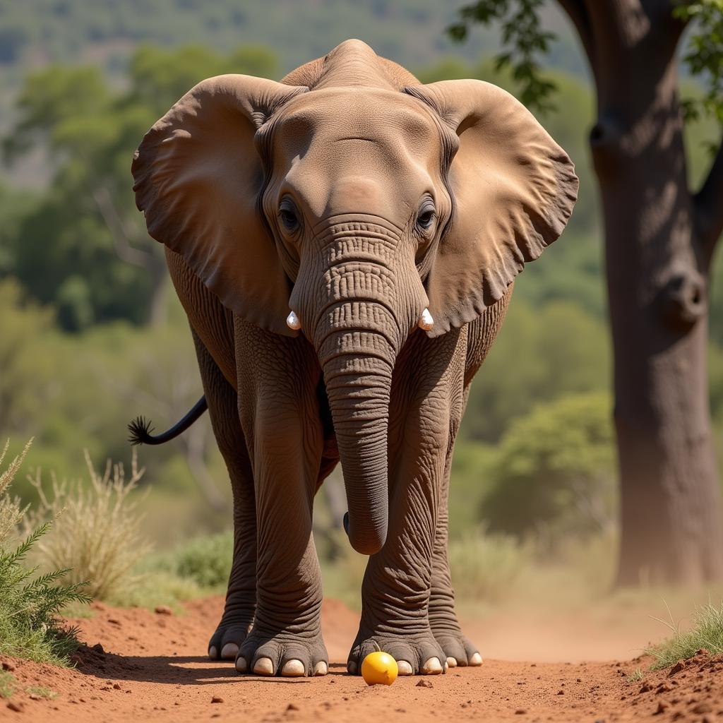 African elephant using its trunk to pick up food