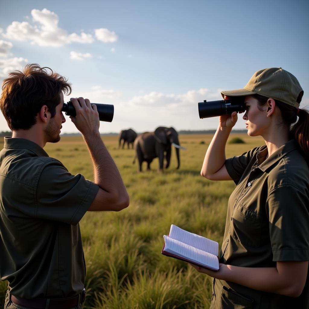 Researchers monitoring African elephant behavior