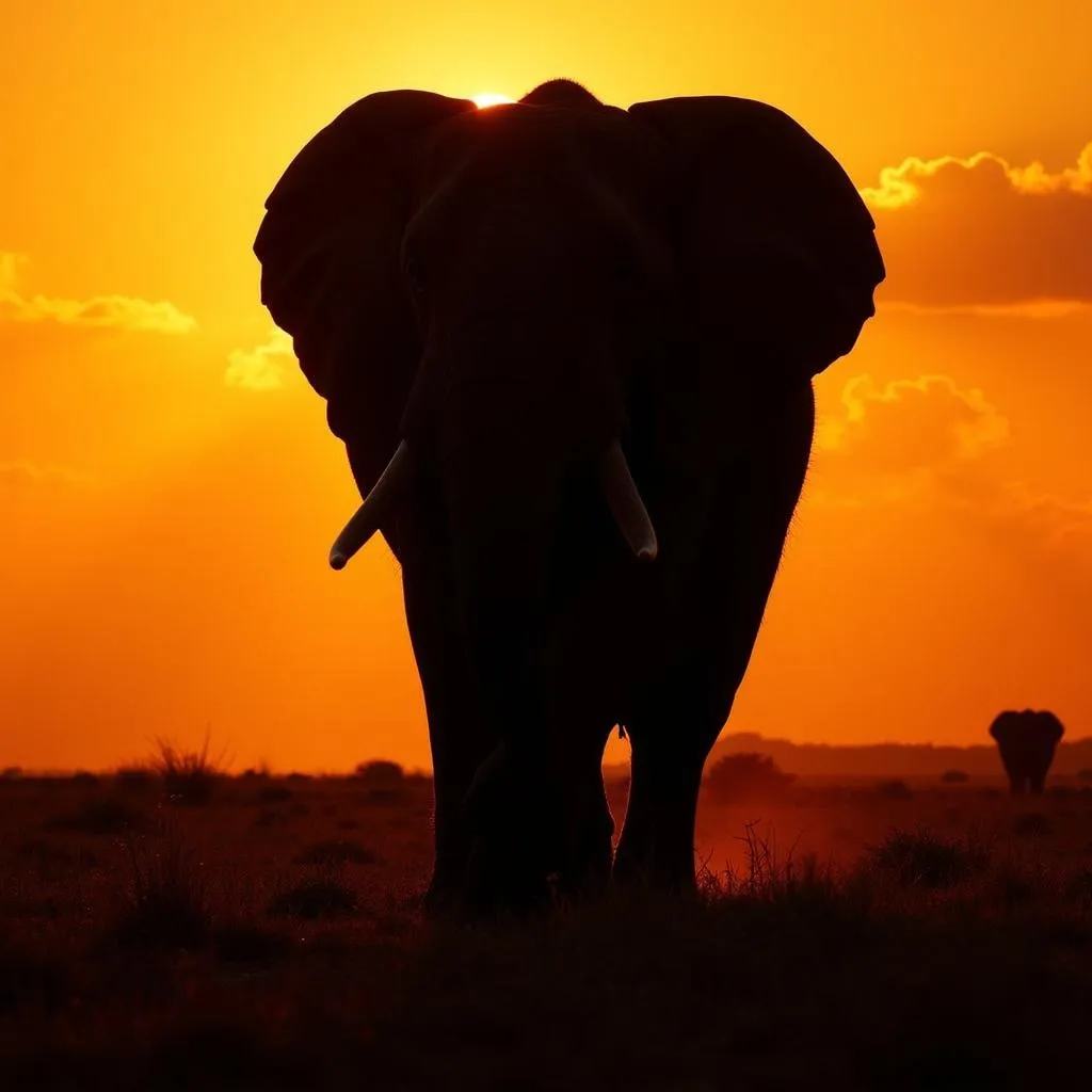 African elephant silhouette against a fiery sunset