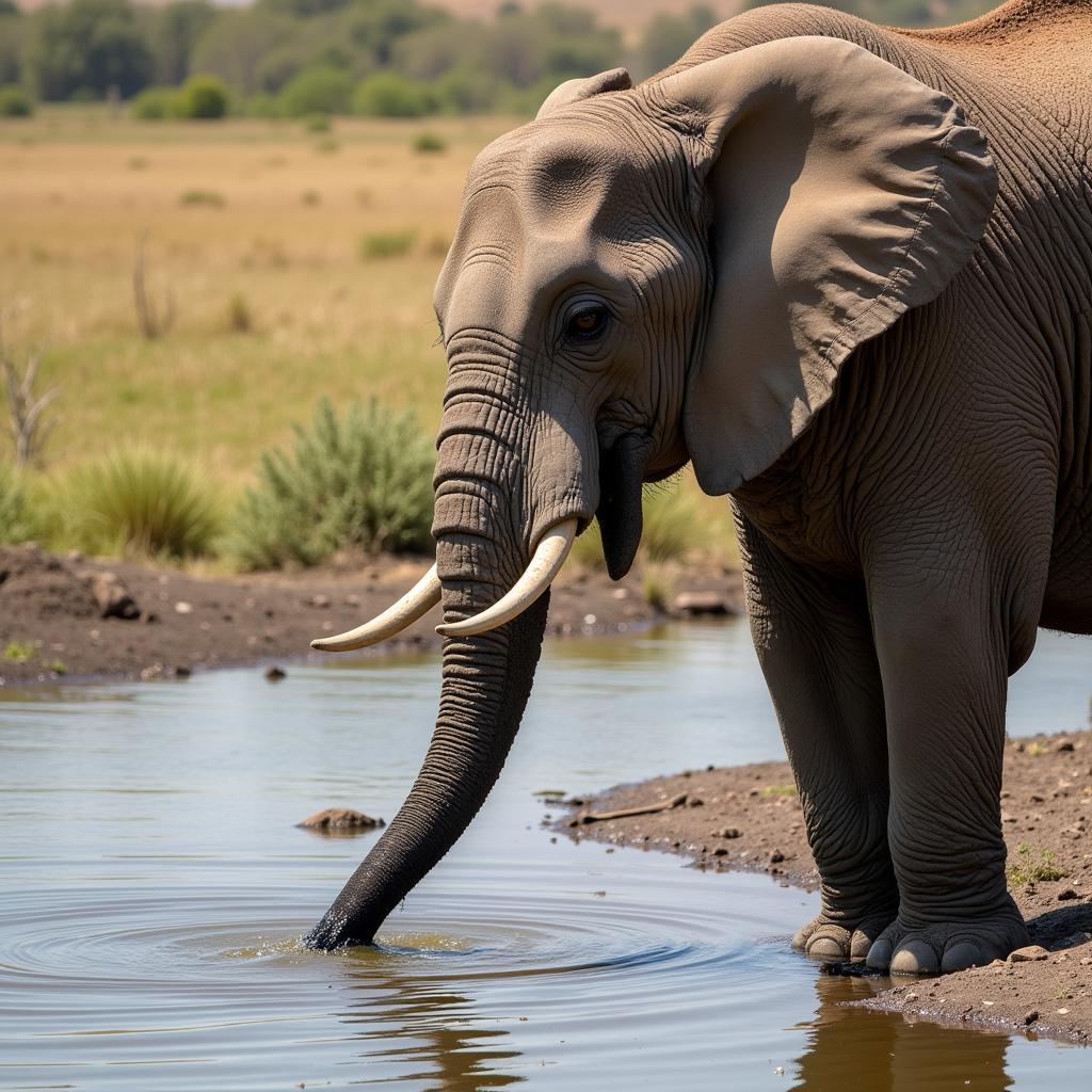 African Elephant Using Trunk to Drink Water