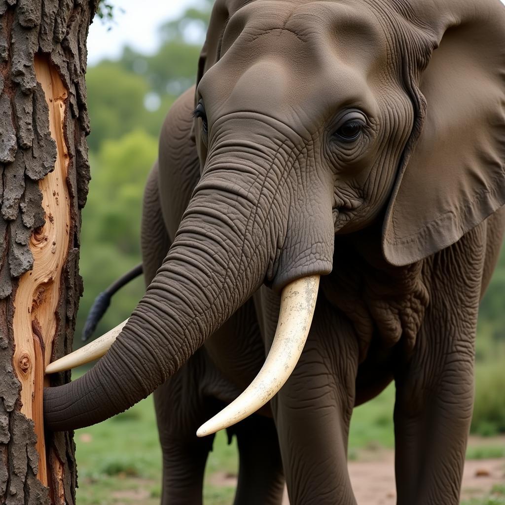 African Elephant Using Tusks for Foraging