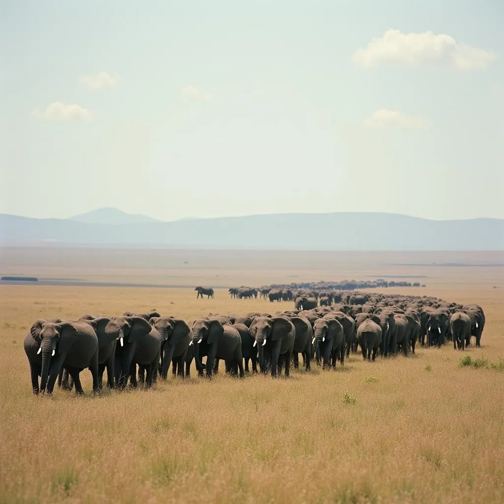 African elephants roaming the savannah in the 1970s