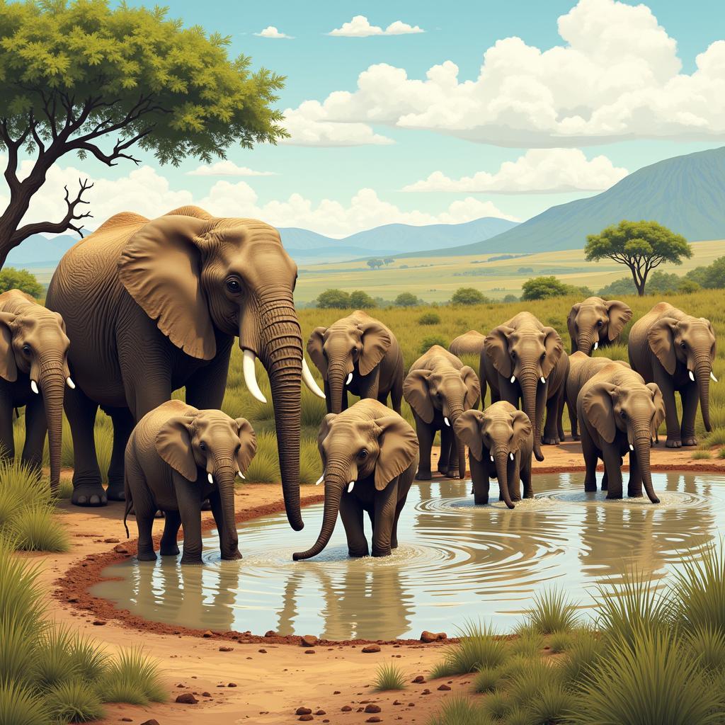 African Elephants Gathering at Waterhole