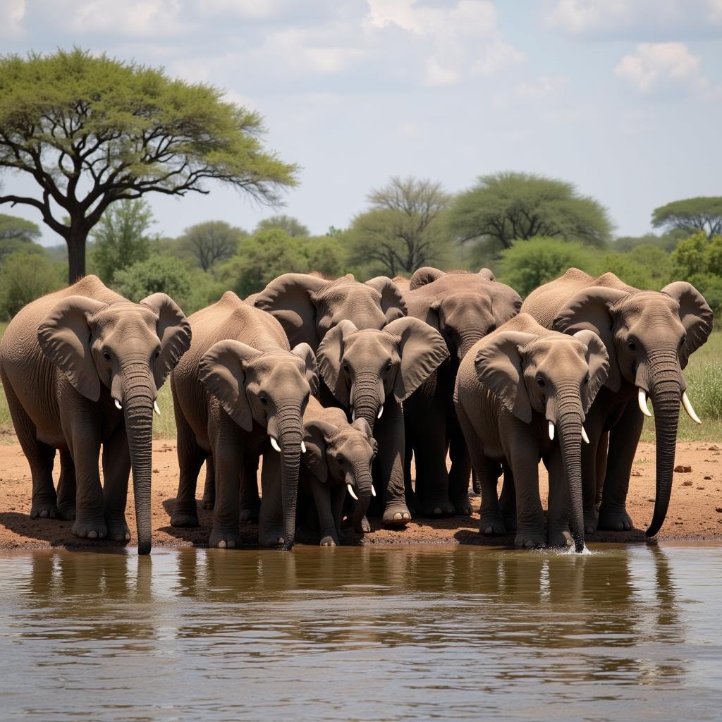 African Elephants at Watering Hole