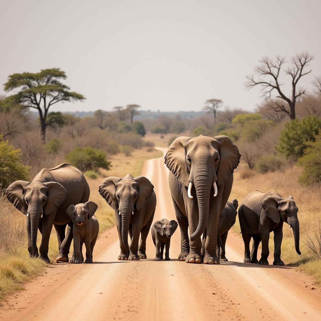 African elephants crossing a road in a national park