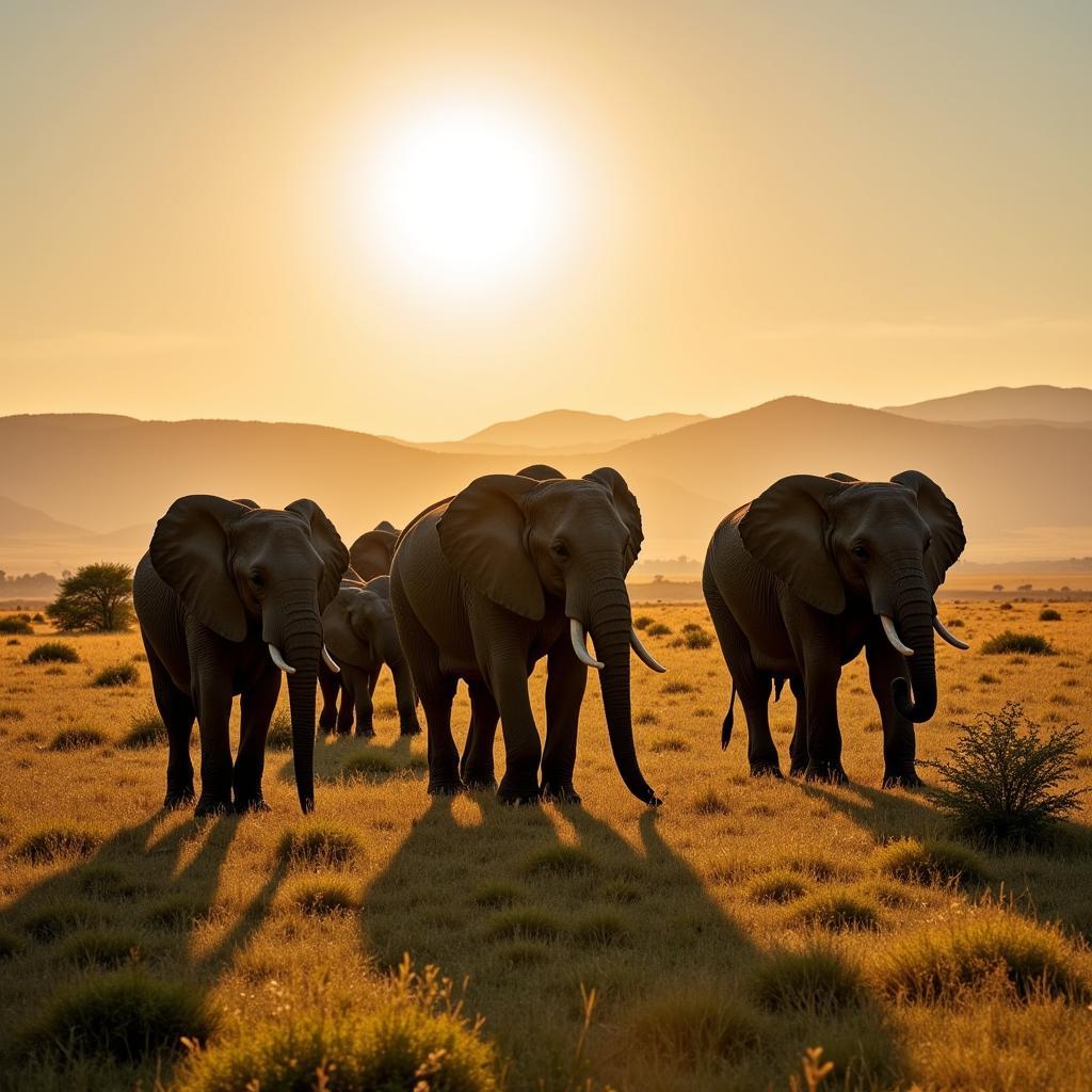 African elephants grazing on the savanna