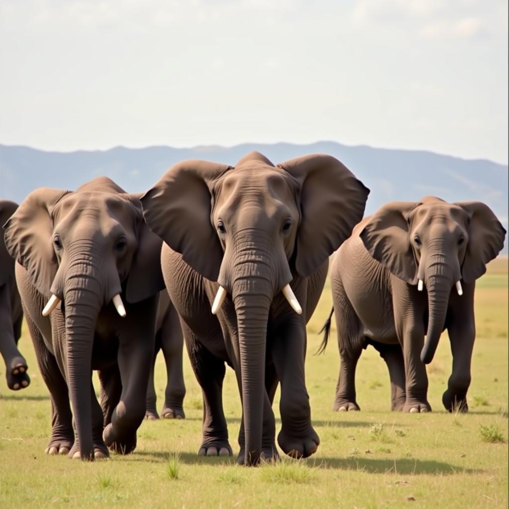 African elephants walking across the savanna